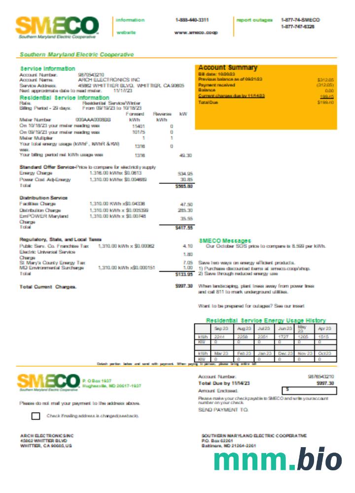 Southern Maryland Electric Cooperative-SMECO rachunek za usługi komunalne